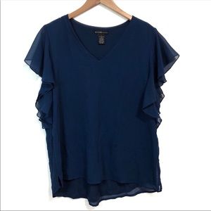 Blue Ruffle Sleeve V Neckline Blouse